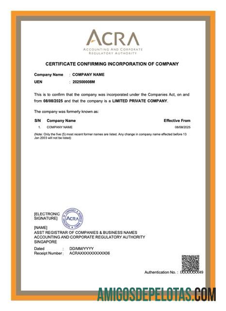 Certificado de constituição de empresa de Cingapura para download, modelo Word e PDF